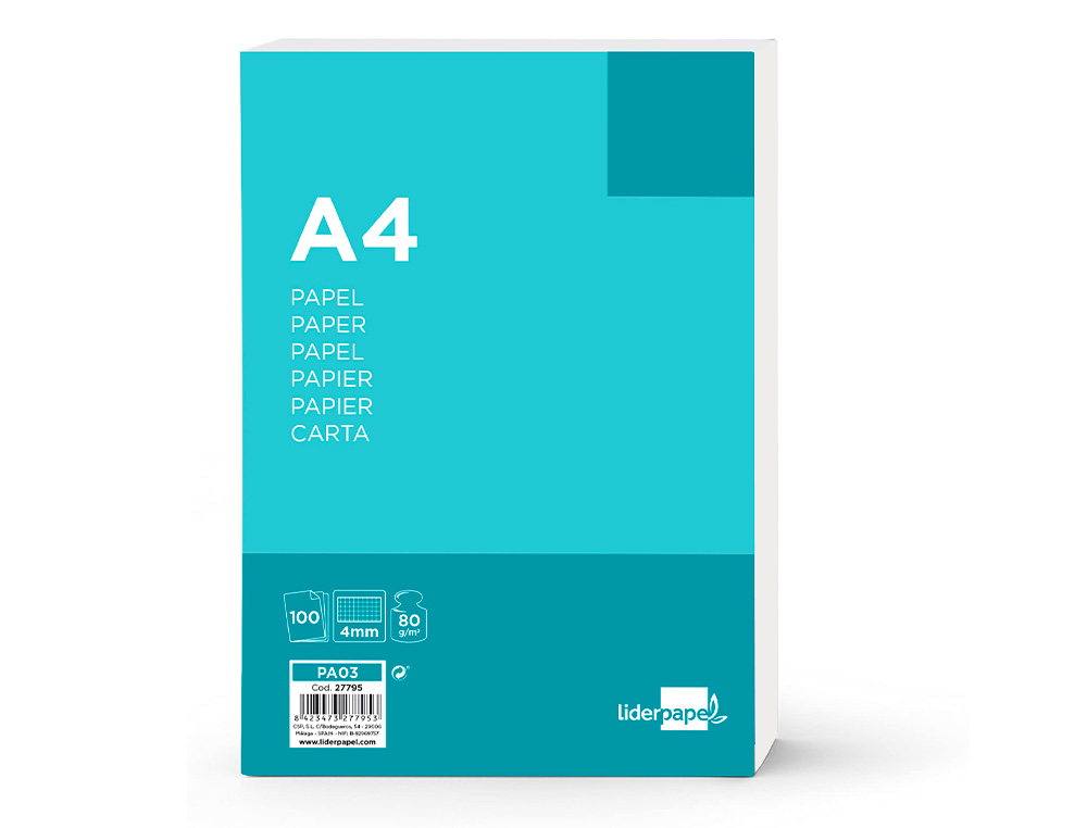 PAPEL LIDERPAPEL A4 80G/M2 SIN TALADROS CUADRO 4 MM PAQUETE DE 100 HOJAS