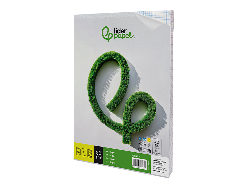 PAPEL LIDERPAPEL A4 80G/M2 SIN TALADROS CUADRO 4 MM PAQUETE DE 100 HOJAS