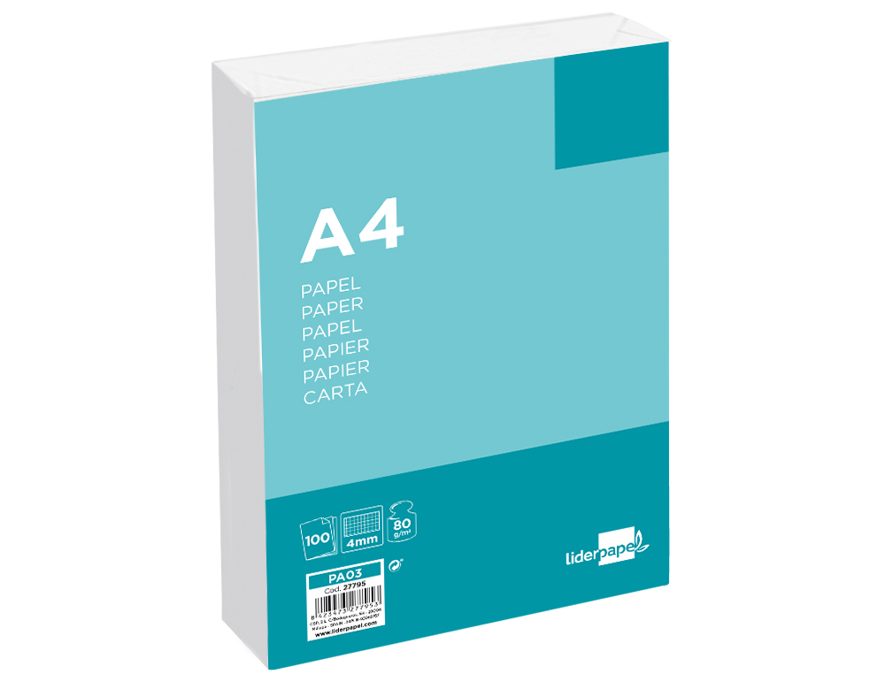 PAPEL LIDERPAPEL A4 80G/M2 SIN TALADROS CUADRO 4 MM PAQUETE DE 100 HOJAS