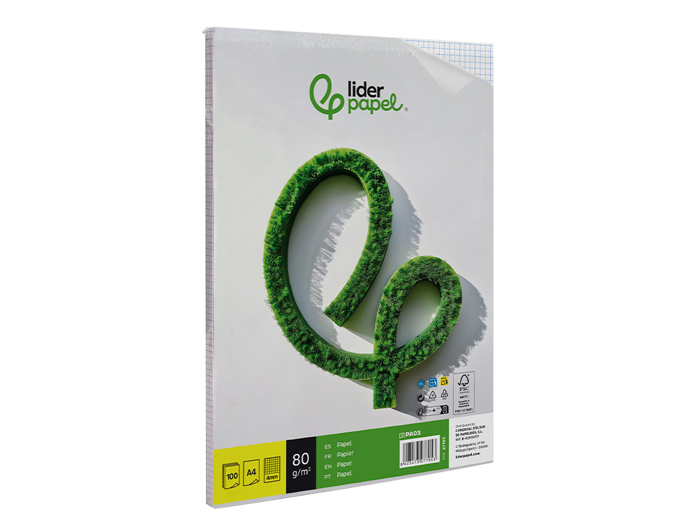 PAPEL LIDERPAPEL A4 80G/M2 SIN TALADROS CUADRO 4 MM PAQUETE DE 100 HOJAS