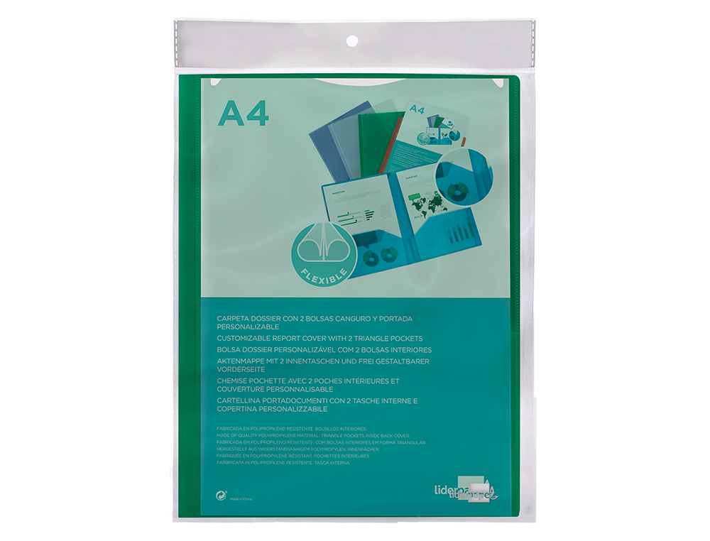 CARPETA LIDERPAPEL DOSSIER DOS BOLSAS CANGURO 45683 POLIPROPILENO DIN A4 VERDE