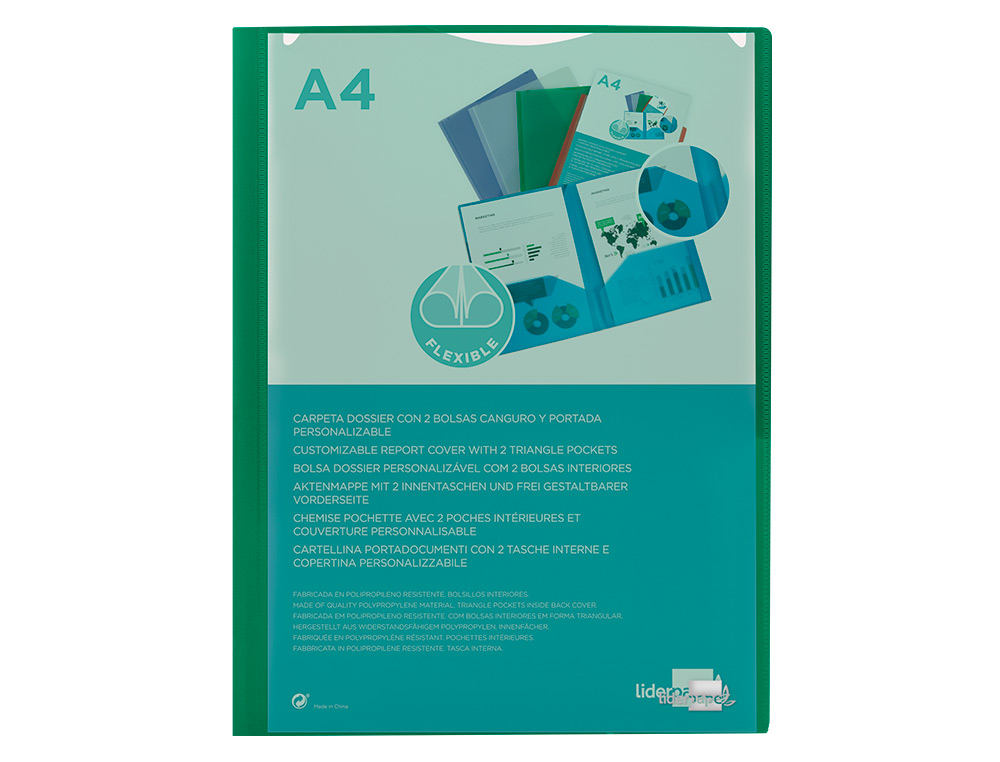 CARPETA LIDERPAPEL DOSSIER DOS BOLSAS CANGURO 45683 POLIPROPILENO DIN A4 VERDE