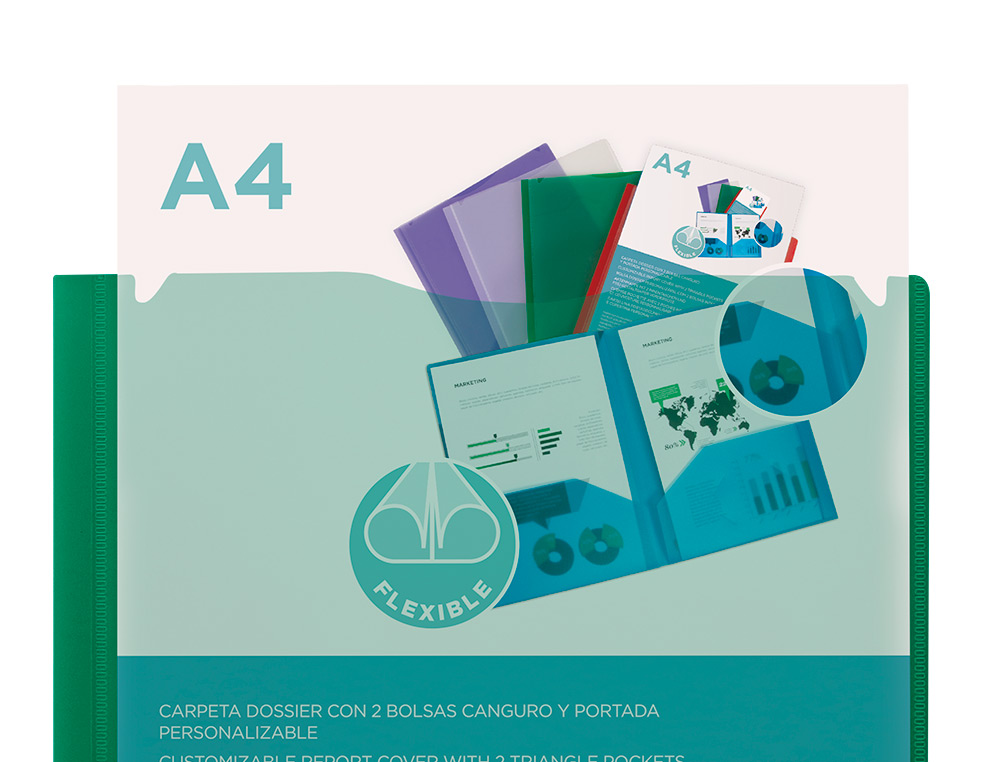 CARPETA LIDERPAPEL DOSSIER DOS BOLSAS CANGURO 45683 POLIPROPILENO DIN A4 VERDE