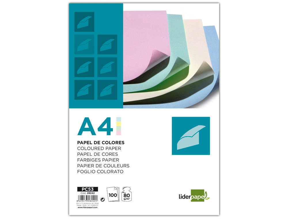 PAPEL COLOR LIDERPAPEL A4 80GR 4 COLORES SURTIDOS PAQUETE DE 100 HOJAS
