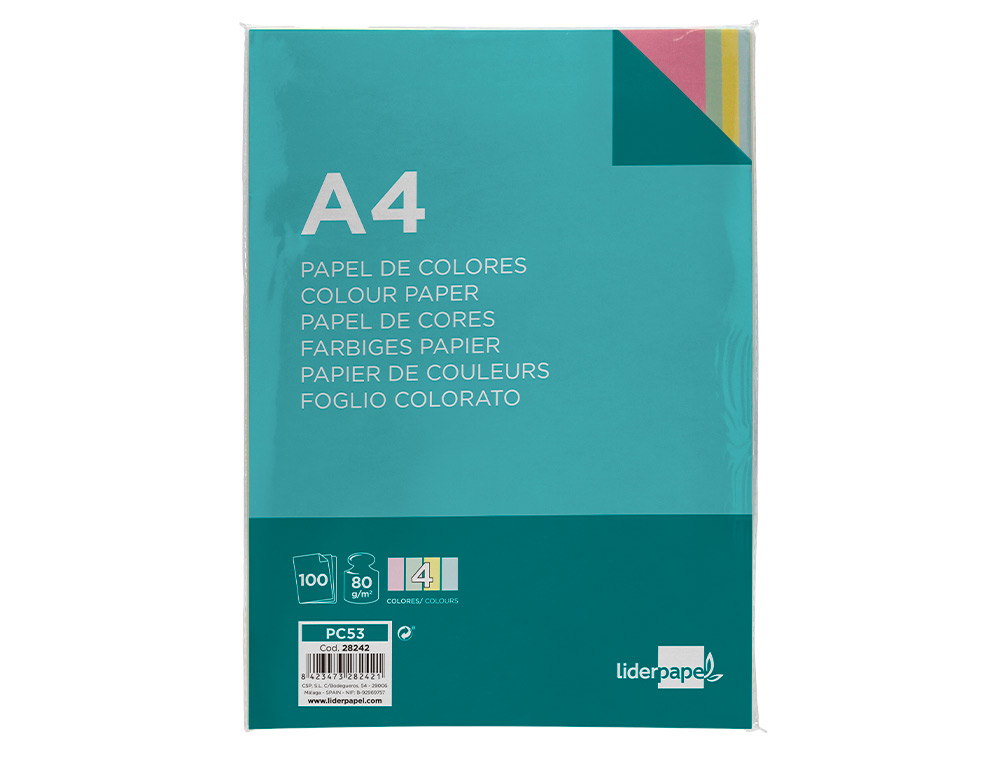 PAPEL COLOR LIDERPAPEL A4 80GR 4 COLORES SURTIDOS PAQUETE DE 100 HOJAS