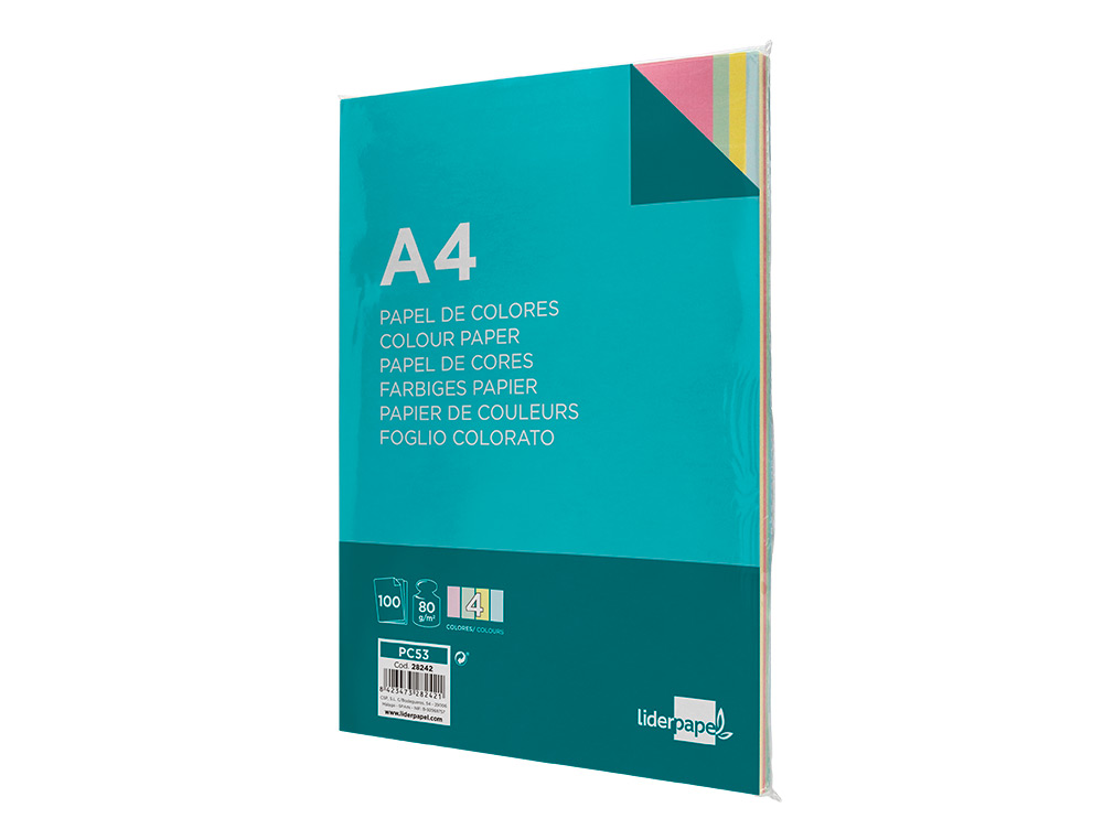PAPEL COLOR LIDERPAPEL A4 80GR 4 COLORES SURTIDOS PAQUETE DE 100 HOJAS
