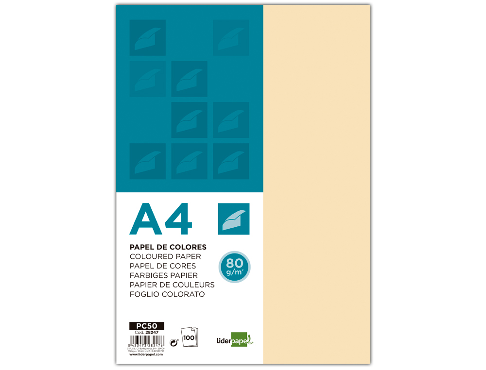 PAPEL COLOR LIDERPAPEL A4 80GR CREMA PAQUETE DE 100 HOJAS