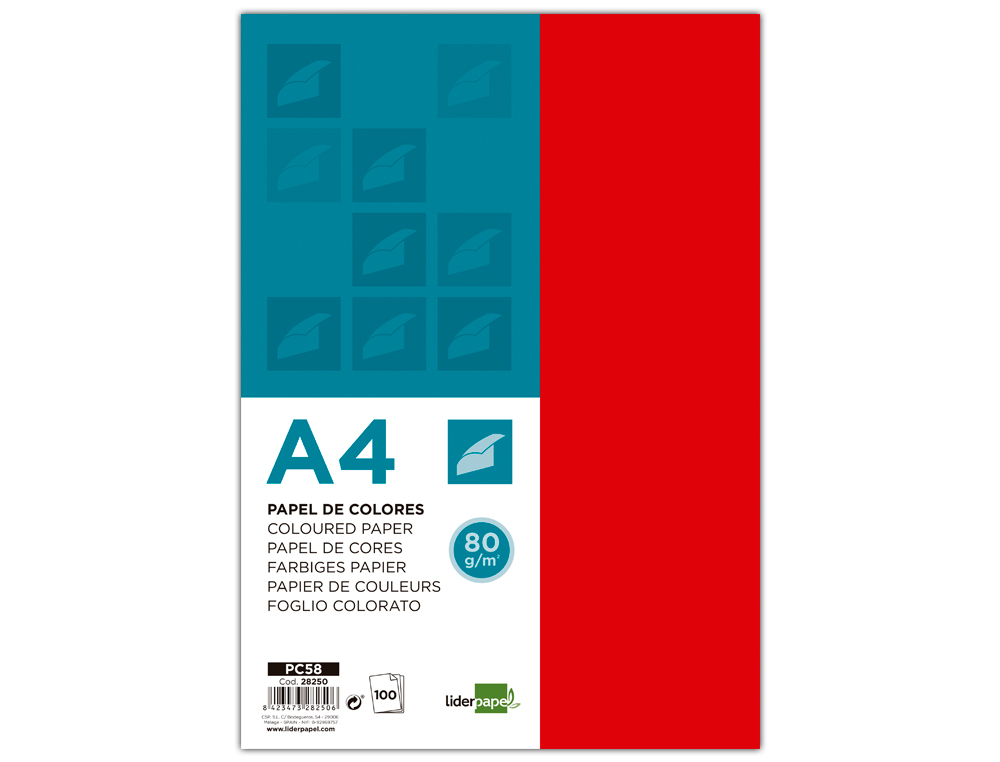 PAPEL COLOR LIDERPAPEL A4 80GR ROJO PAQUETE DE 100 HOJAS