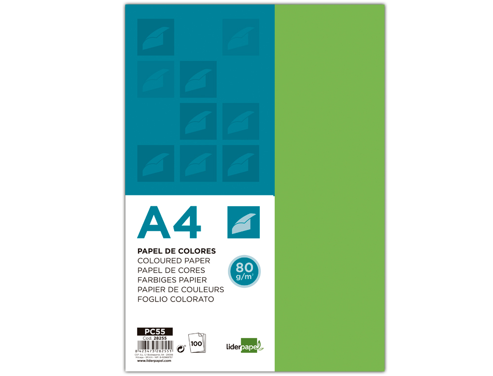 PAPEL COLOR LIDERPAPEL A4 80GR VERDE PAQUETE DE 100 HOJAS
