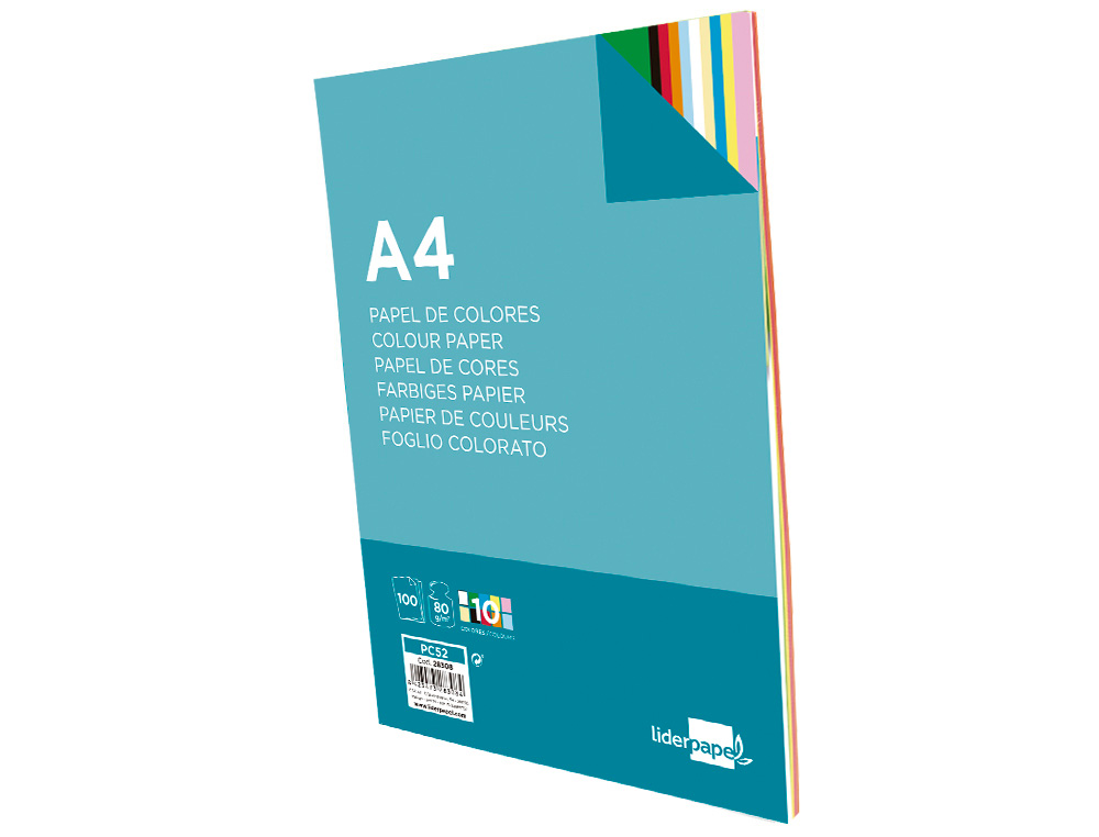 PAPEL COLOR LIDERPAPEL A4 80GR 10 COLORES SURTIDOS PAQUETE DE 100 HOJAS