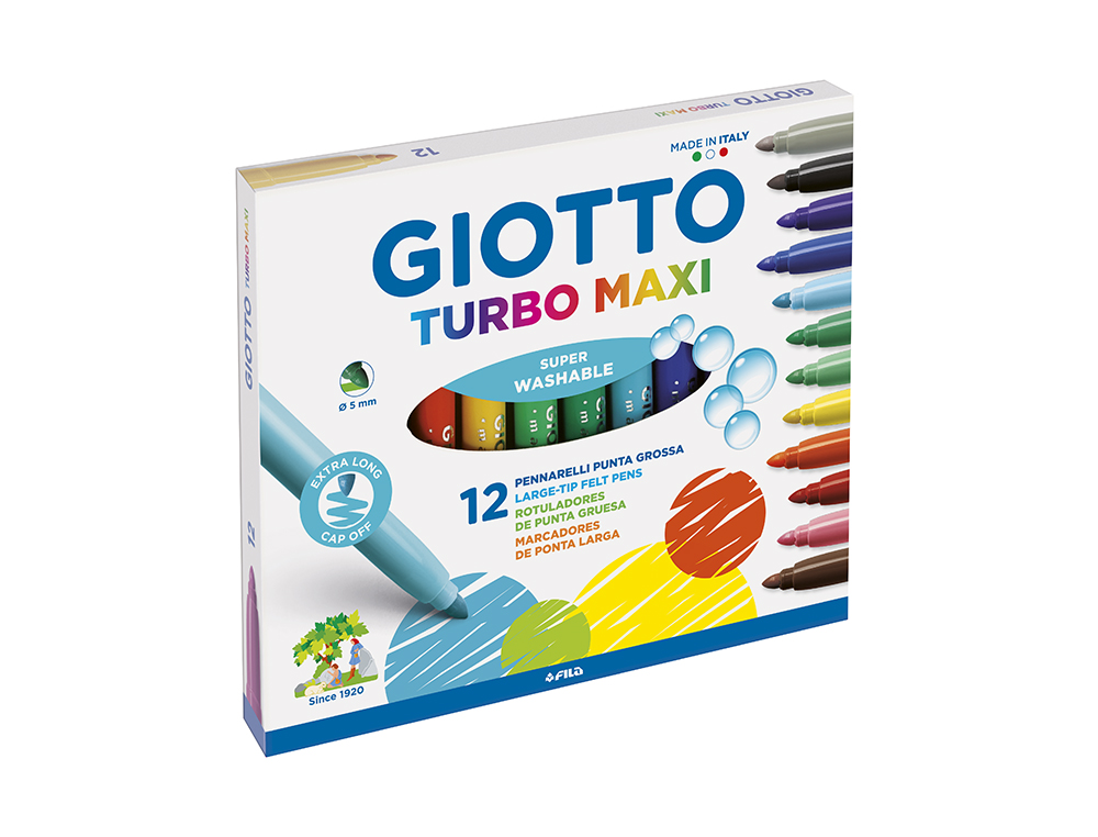 ROTULADOR GIOTTO TURBO MAXI CAJA DE 12 COLORES LAVABLES CON PUNTA BLOQUEADA