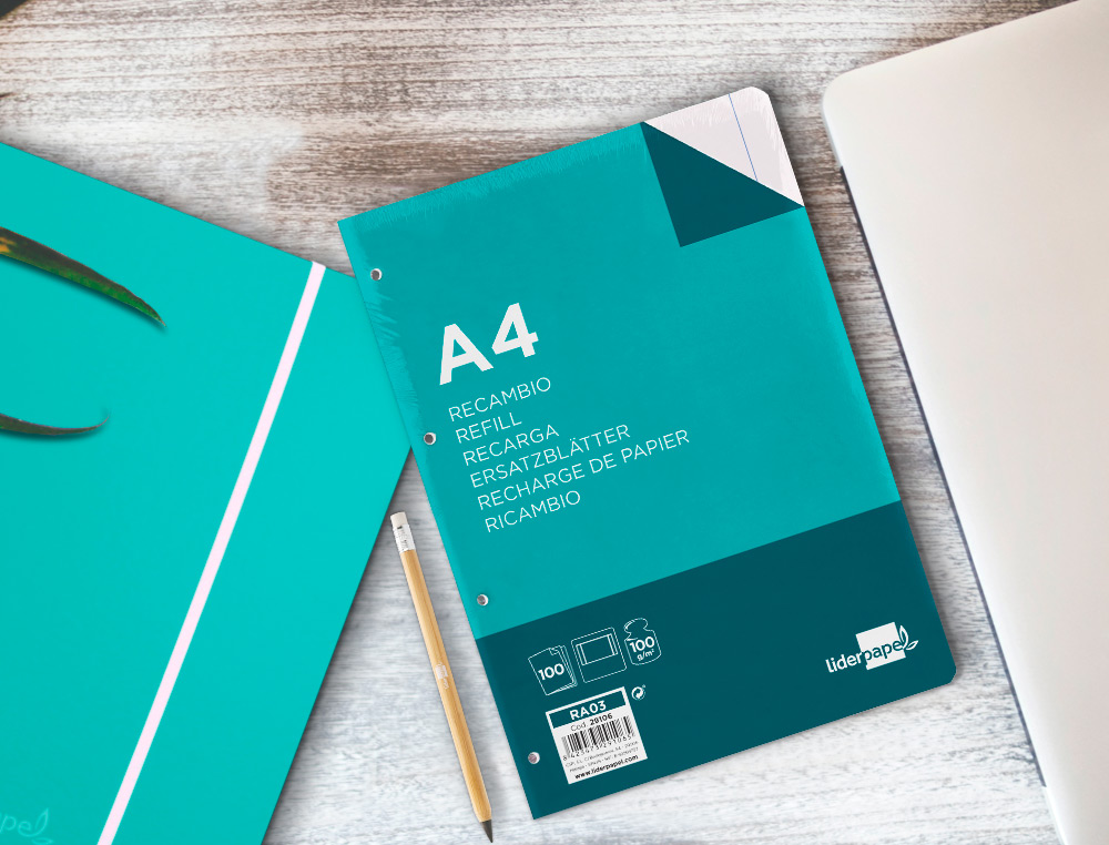 RECAMBIO LIDERPAPEL A4 100 HOJAS 100G/M2 LISO 4 TALADROS DOBLE MARGEN