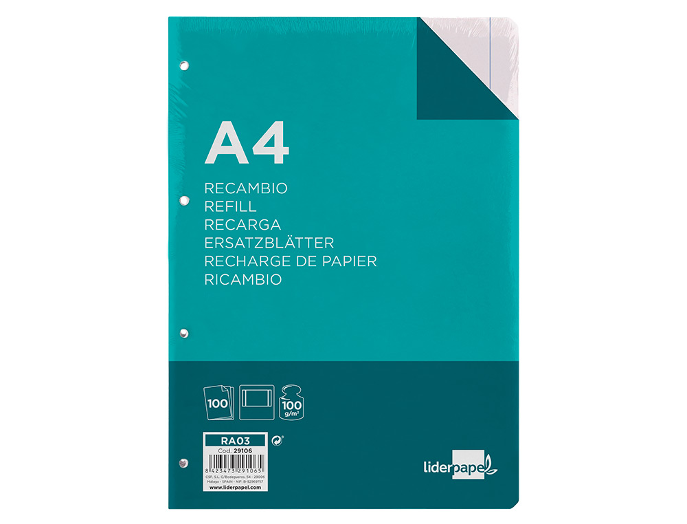 RECAMBIO LIDERPAPEL A4 100 HOJAS 100G/M2 LISO 4 TALADROS DOBLE MARGEN