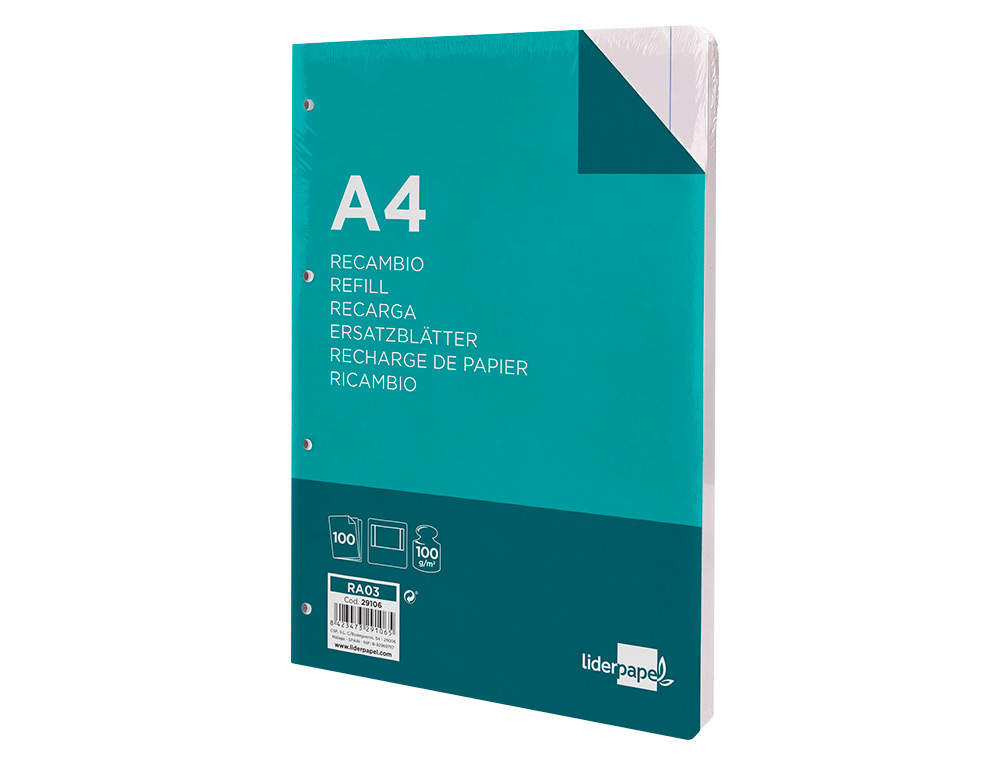 RECAMBIO LIDERPAPEL A4 100 HOJAS 100G/M2 LISO 4 TALADROS DOBLE MARGEN
