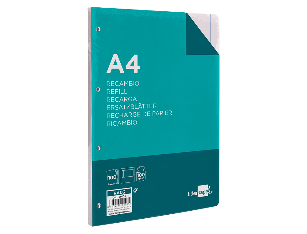 RECAMBIO LIDERPAPEL A4 100 HOJAS 100G/M2 LISO 4 TALADROS DOBLE MARGEN