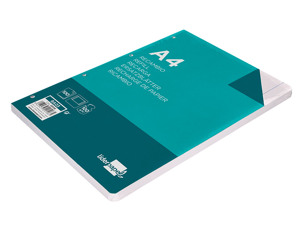 RECAMBIO LIDERPAPEL A4 100 HOJAS 100G/M2 LISO 4 TALADROS DOBLE MARGEN