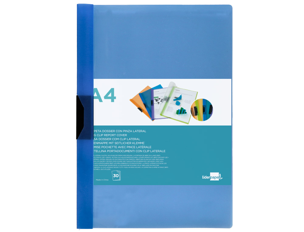 CARPETA LIDERPAPEL DOSSIER PINZA LATERAL 45302 POLIPROPILENO DIN A4 AZUL 30 HOJAS PINZA DESLIZANTE