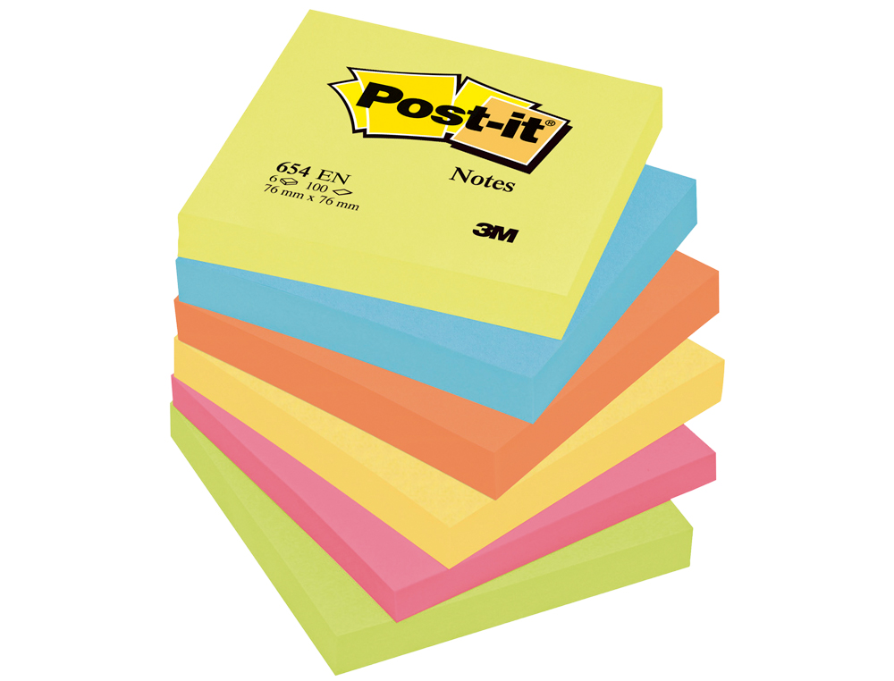 BLOC DE NOTAS ADHESIVAS QUITA Y PON POST-IT 76X76 MM NEON PACK DE 6 BLOCS SURTIDO