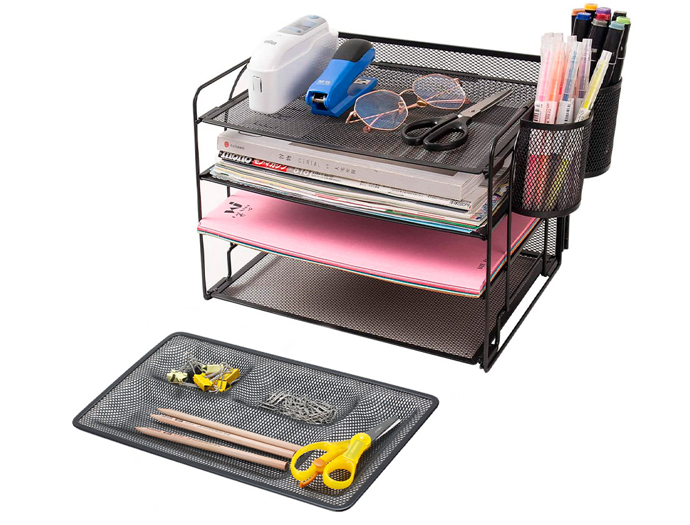 ORGANIZADOR SOBREMESA BANDEJA METALICA Q-CONNECT REJILLA NEGRA CON 4 DEPARTAMENTOS 315X20X175 MM