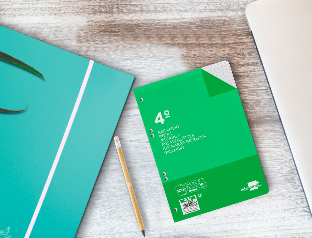 RECAMBIO LIDERPAPEL CUARTO 100 HOJAS 60G/M2 CUADRO 8MM CON MARGEN 6 TALADROS