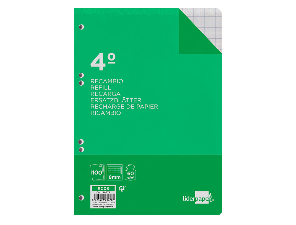 RECAMBIO LIDERPAPEL CUARTO 100 HOJAS 60G/M2 CUADRO 8MM CON MARGEN 6 TALADROS