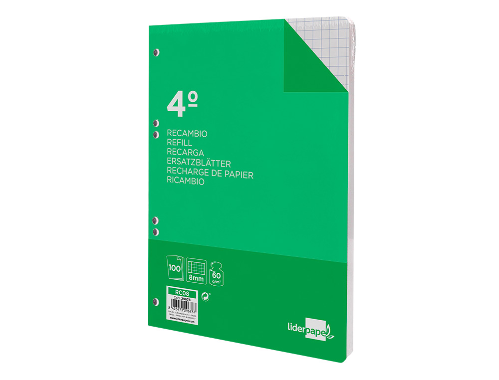 RECAMBIO LIDERPAPEL CUARTO 100 HOJAS 60G/M2 CUADRO 8MM CON MARGEN 6 TALADROS