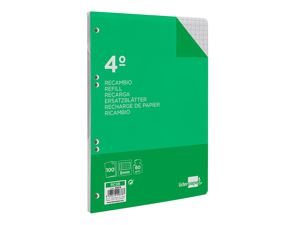 RECAMBIO LIDERPAPEL CUARTO 100 HOJAS 60G/M2 CUADRO 8MM CON MARGEN 6 TALADROS