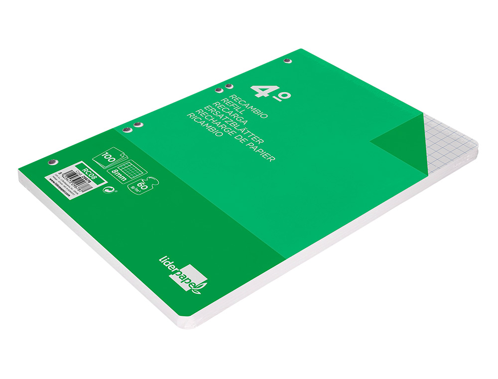 RECAMBIO LIDERPAPEL CUARTO 100 HOJAS 60G/M2 CUADRO 8MM CON MARGEN 6 TALADROS
