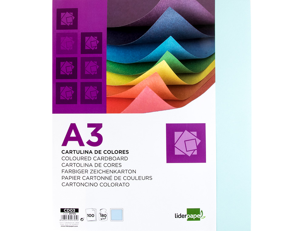 CARTULINA LIDERPAPEL A3 180G/M2 CELESTE PAQUETE DE 100 HOJAS