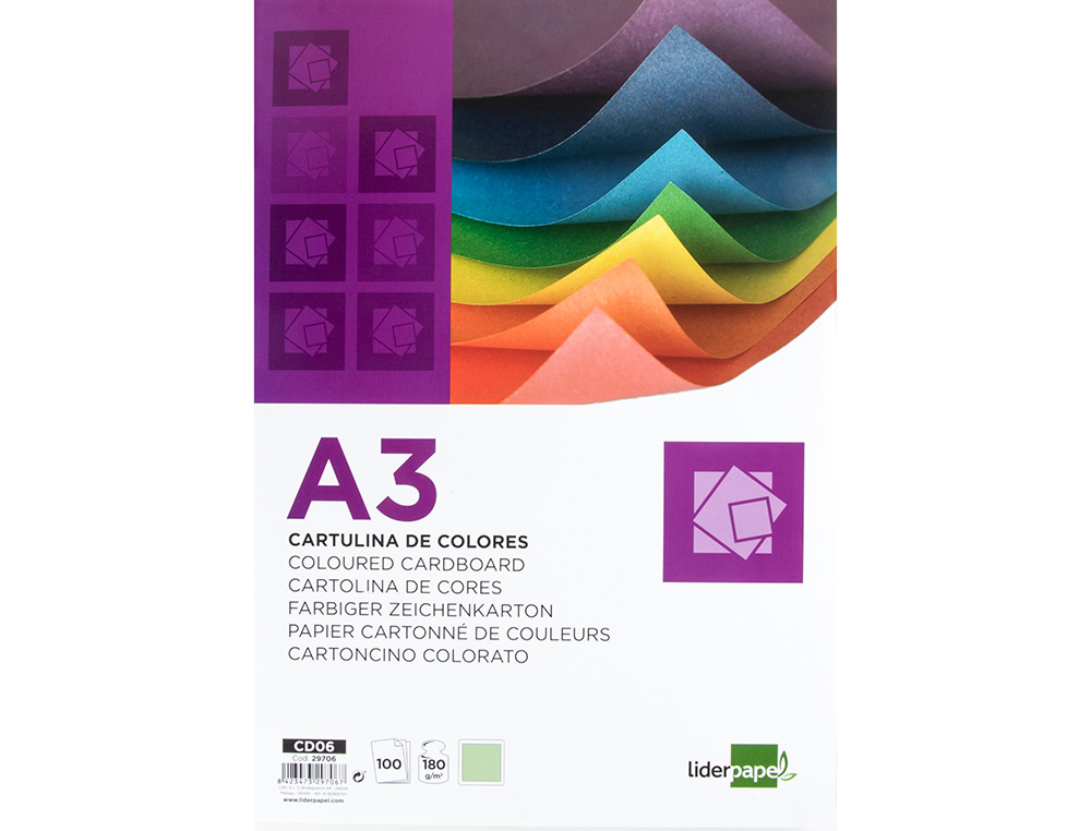 CARTULINA LIDERPAPEL A3 180G/M2 VERDE PAQUETE DE 100 HOJAS