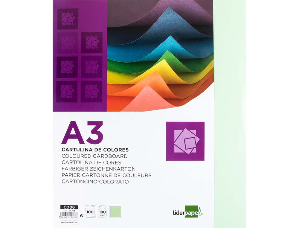 CARTULINA LIDERPAPEL A3 180G/M2 VERDE PAQUETE DE 100 HOJAS