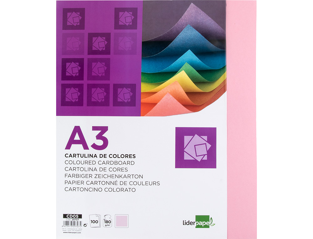 CARTULINA LIDERPAPEL A3 180G/M2 ROSA PAQUETE DE 100 HOJAS