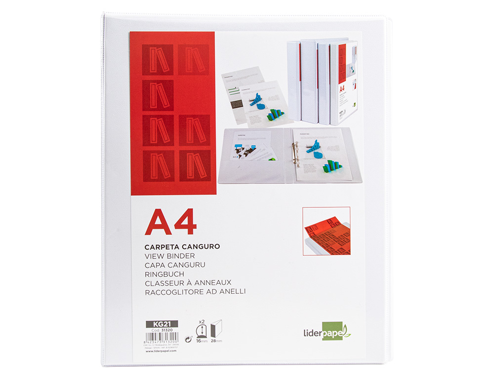 CARPETA CANGURO 2 ANILLAS MIXTAS 16MM LIDERPAPEL A4 PLASTICO COLOR BLANCO