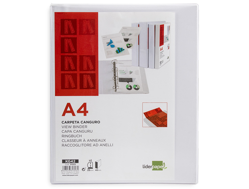 CARPETA CANGURO 4 ANILLAS MIXTAS 25MM LIDERPAPEL A4 PLASTICO COLOR BLANCO