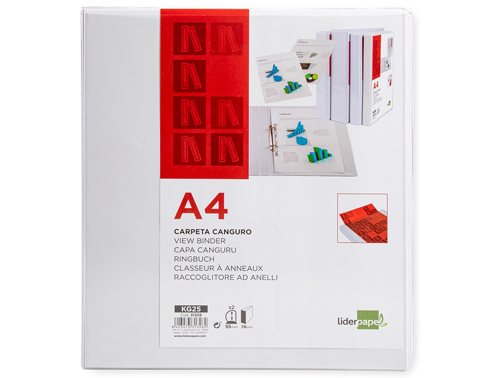 CARPETA CANGURO 2 ANILLAS MIXTAS 55MM LIDERPAPEL A4 PLASTICO COLOR BLANCO