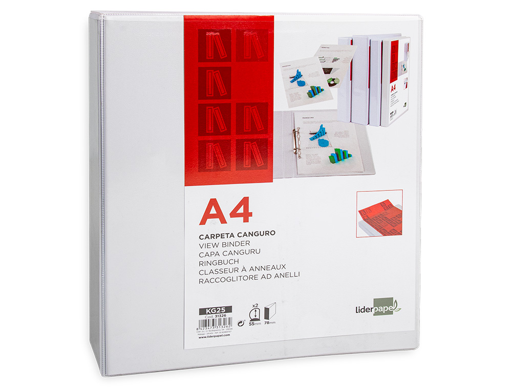 CARPETA CANGURO 2 ANILLAS MIXTAS 55MM LIDERPAPEL A4 PLASTICO COLOR BLANCO