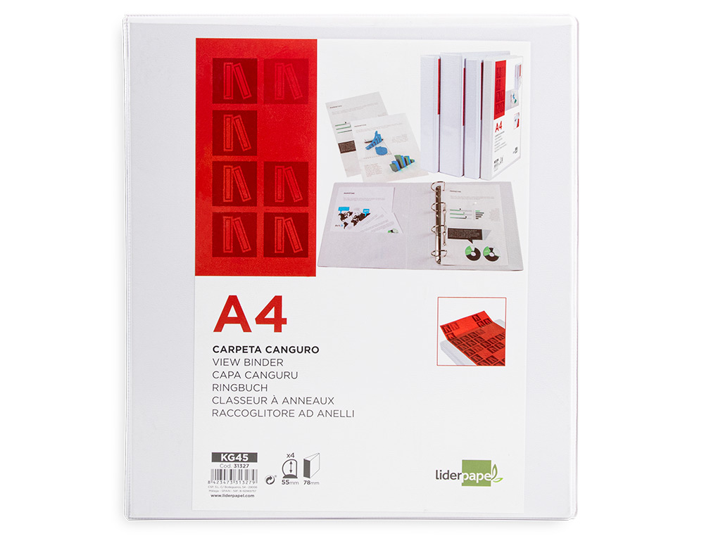 CARPETA CANGURO 4 ANILLAS MIXTAS 55MM LIDERPAPEL A4 PLASTICO COLOR BLANCO