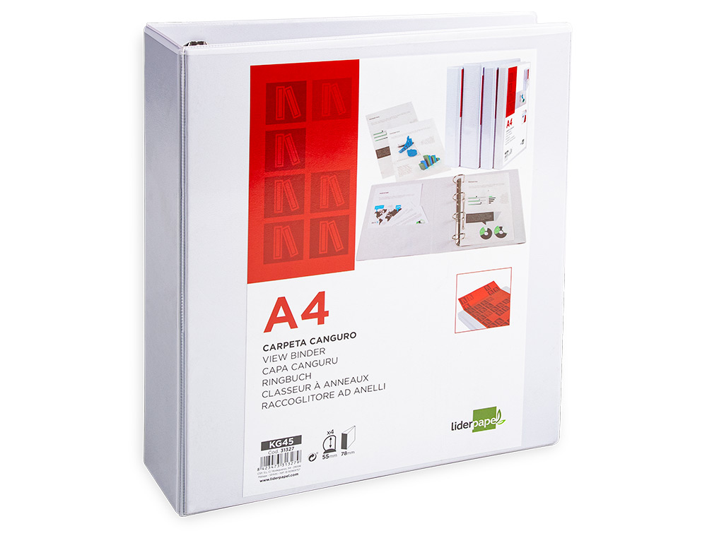 CARPETA CANGURO 4 ANILLAS MIXTAS 55MM LIDERPAPEL A4 PLASTICO COLOR BLANCO