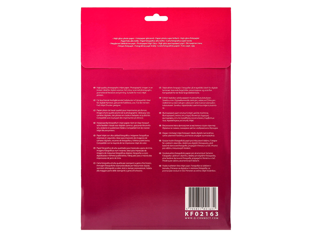 PAPEL Q-CONNECT FOTO GLOSSY KF02163 DIN A4 ALTA CALIDAD DIGITAL PHOTO PARA INK-JET BOLSA DE 20 HOJAS DE 260 GR