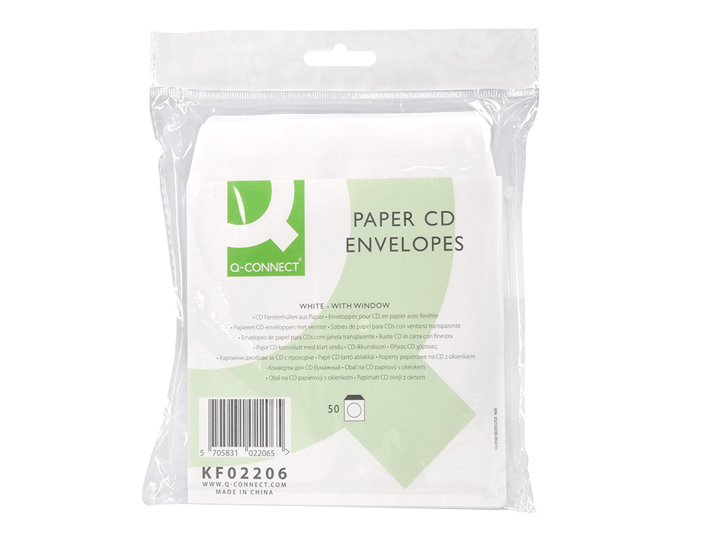 SOBRE PARA CD Q-CONNECT CON VENTANA TRANSPARENTE Y SOLAPA -PACK DE 50 UNIDADES