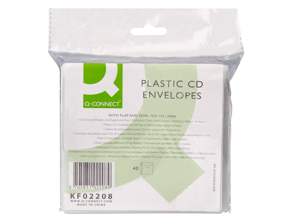 SOBRE PARA 2 CD Q-CONNECT POLIPROPILENO CON SOLAPA MULTITALADRO Y FORRO PROTECTOR-PACK DE 40 UNIDADES