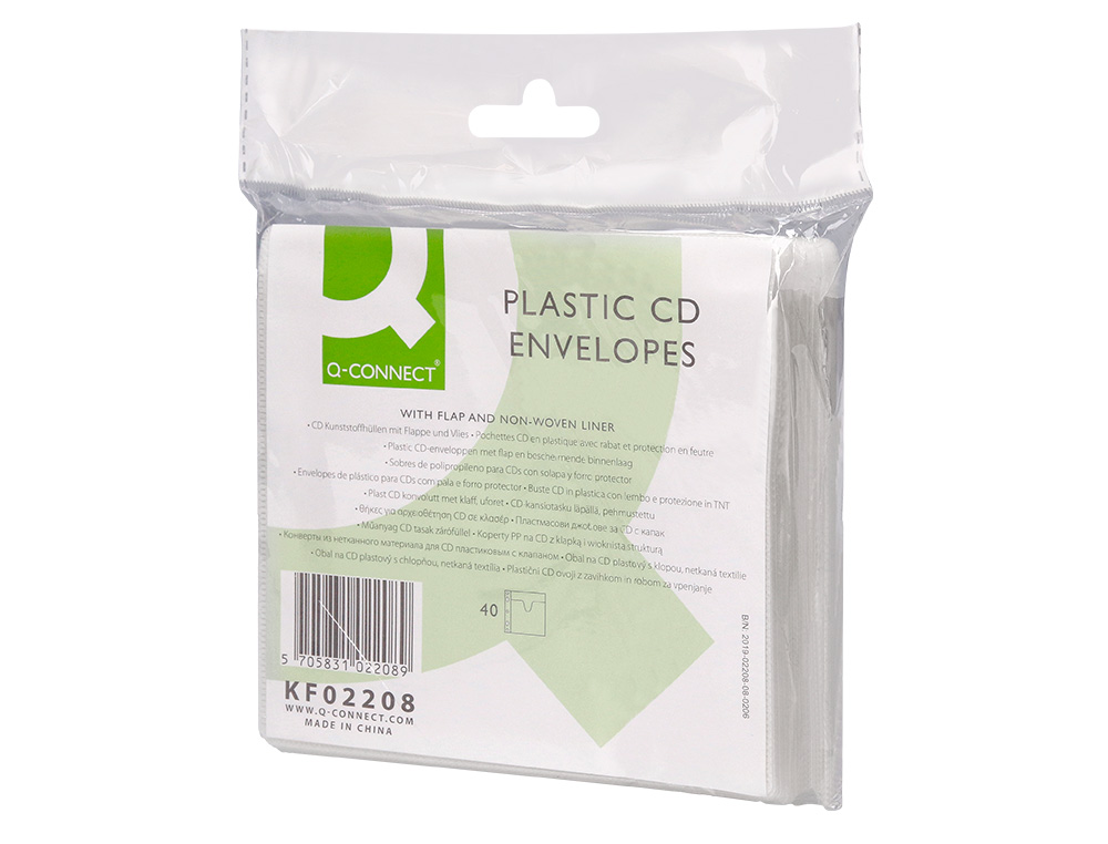 SOBRE PARA 2 CD Q-CONNECT POLIPROPILENO CON SOLAPA MULTITALADRO Y FORRO PROTECTOR-PACK DE 40 UNIDADES