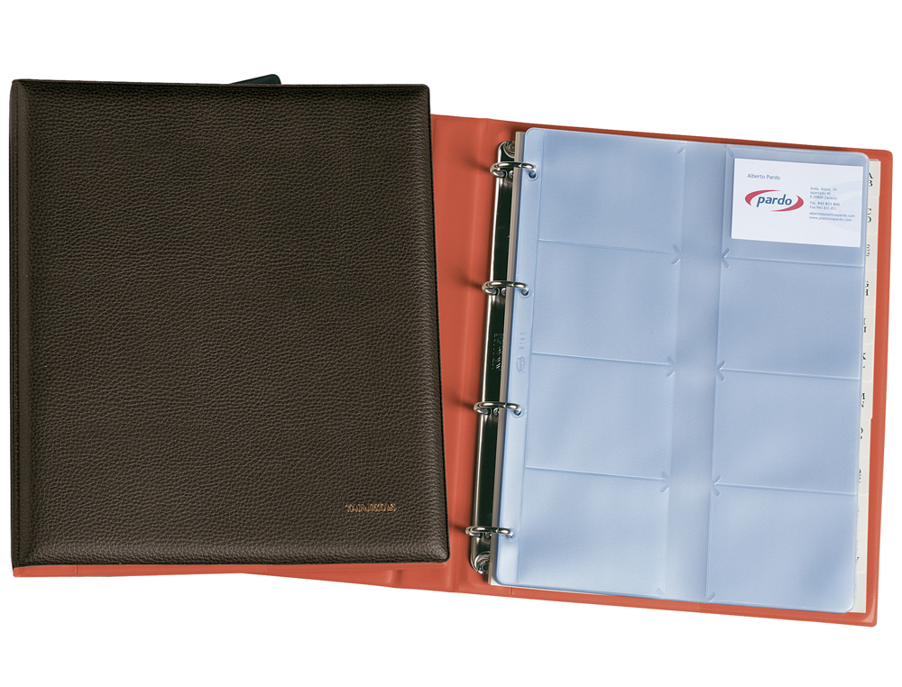 TARJETERO PARDO FOLIO 4 ANILLAS SIMILPIEL NEGRO PARA 320 TARJETAS 320X275 MM