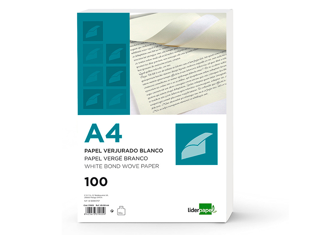 PAPEL VERJURADO LIDERPAPEL A4 120G/M2 BLANCO PAQUETE DE 100 HOJAS