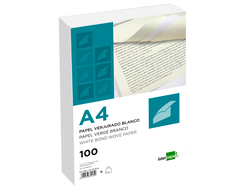 PAPEL VERJURADO LIDERPAPEL A4 120G/M2 BLANCO PAQUETE DE 100 HOJAS