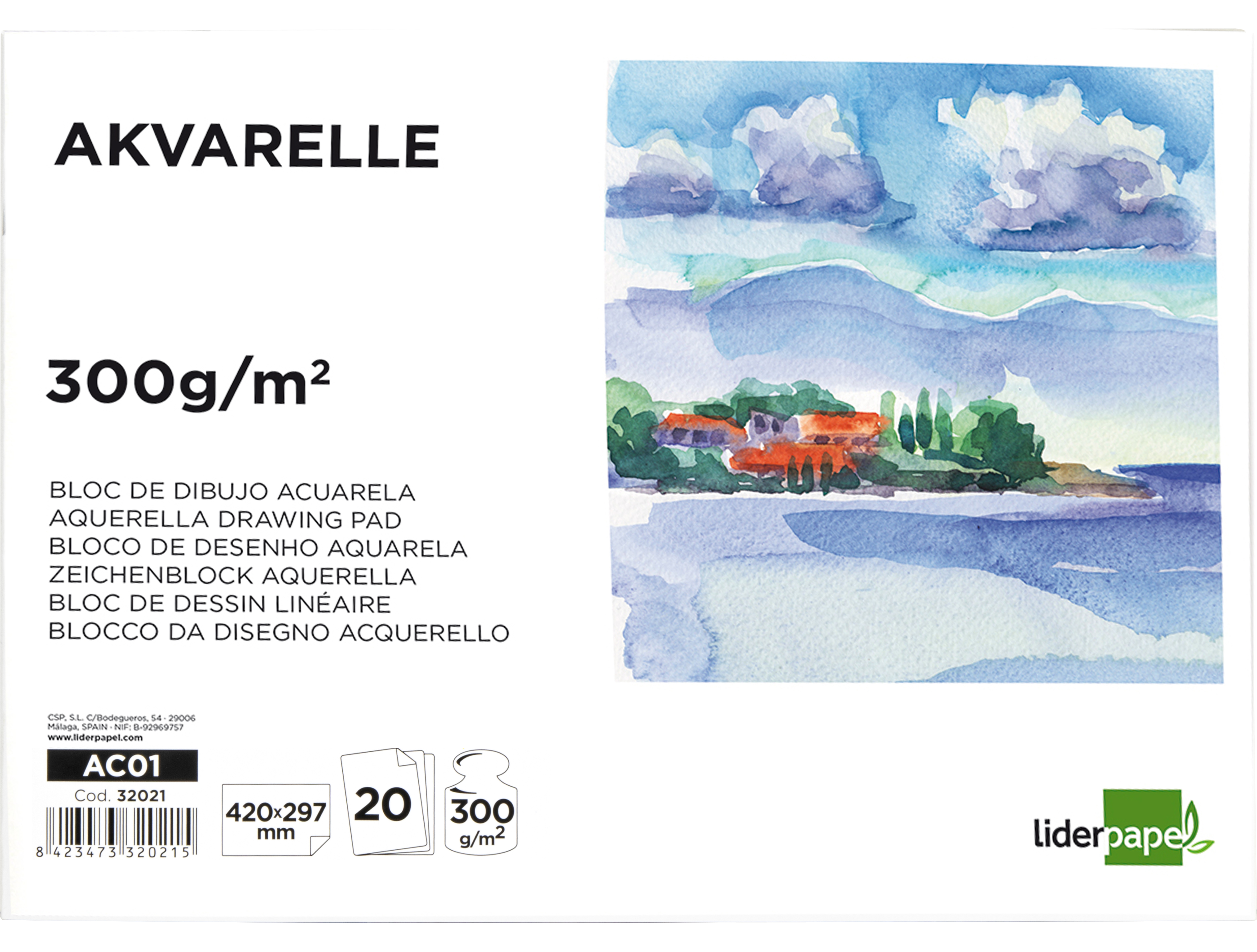 BLOC DIBUJO LIDERPAPEL ACUARELA ENCOLADO 297X420MM 20 HOJAS 300G M2 SIN RECUADRO