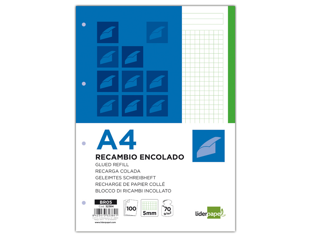 BLOC ENCOLADO LIDERPAPEL CUADRO 5MM VERDE A4 NATURAL 100 HOJAS 70 G/M2