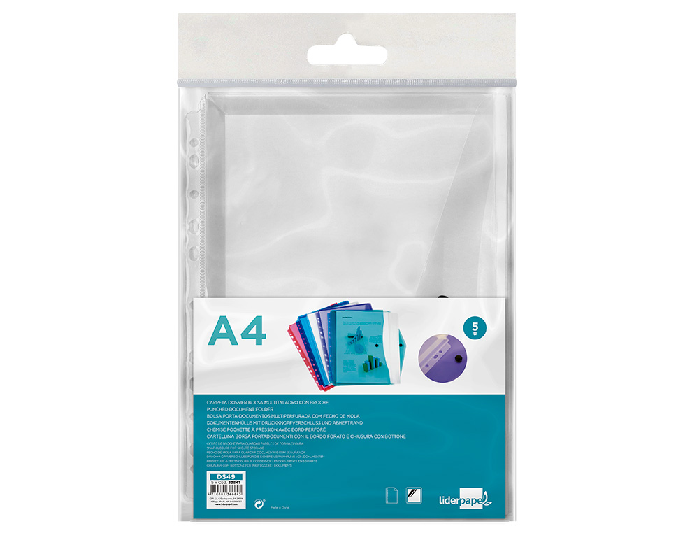 CARPETA LIDERPAPEL DOSSIER BROCHE 36664 POLIPROPILENO DIN A4 PACK DE 5 INCOLORA TRANSPARENTE MULTITALADRO