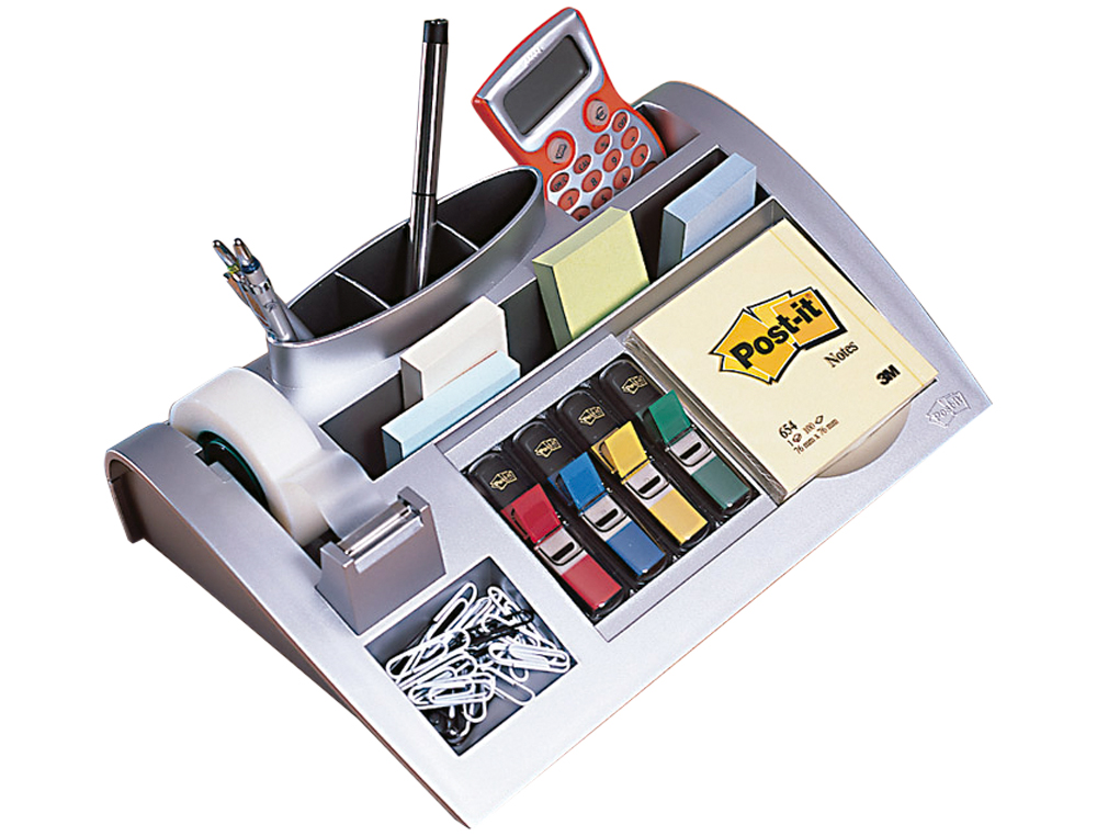 ORGANIZADOR DE SOBREMESA 3M C-50 INCLUYE BLOC DE NOTAS ROLLO DE CINTA SCOTCH 4 DISPENSADORES DE BANDERITAS