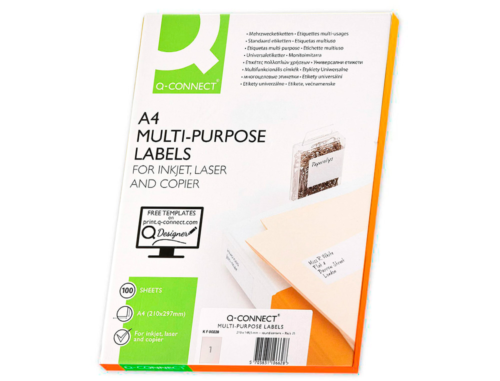 ETIQUETA ADHESIVA Q-CONNECT KF00228 -TAMAÑO DIN A4 -PARA INK-JET -TRANSPARENTE -CAJA CON 25 HOJAS DIN-A4